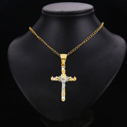 14K Two-Tone Gold Cubic Zirconia Fancy Crucifix Cross Charm Religious Pendant