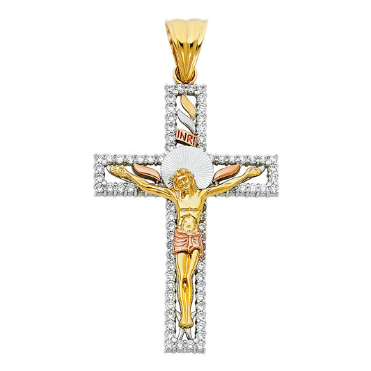 14K Tri-Color Gold Unisex Cubic Zirconia Crucifix Cross Religious Pendant - 67x41mm