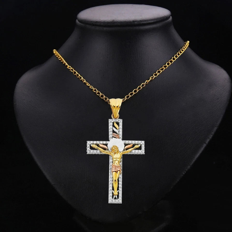 14K Tri-Color Gold Unisex Cubic Zirconia Crucifix Cross Religious Pendant - 67x41mm