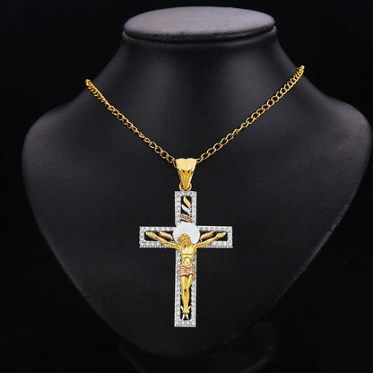 14K Tri-Color Gold Unisex Cubic Zirconia Crucifix Cross Religious Pendant - 67x41mm