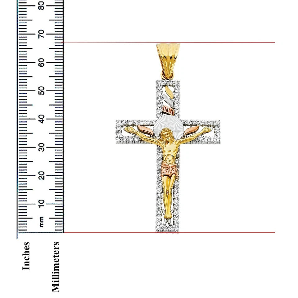 14K Tri-Color Gold Unisex Cubic Zirconia Crucifix Cross Religious Pendant - 67x41mm