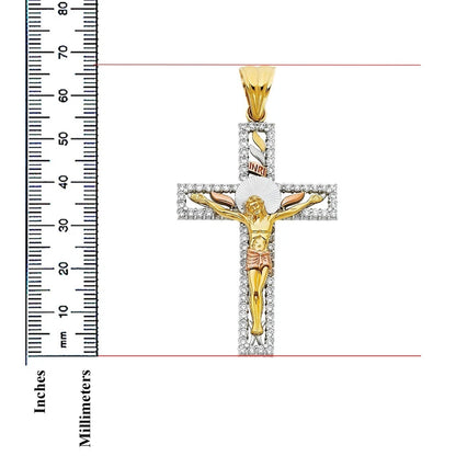14K Tri-Color Gold Unisex Cubic Zirconia Crucifix Cross Religious Pendant - 67x41mm