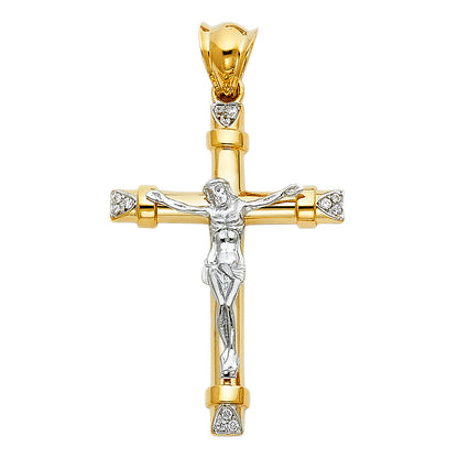 14K Two-Tone Yellow & White Gold Religious Cubic Zirconia Crucifix Cross Charm Pendant