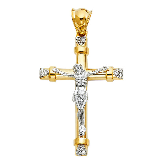 14K Two-Tone Yellow & White Gold Religious Cubic Zirconia Crucifix Cross Charm Pendant