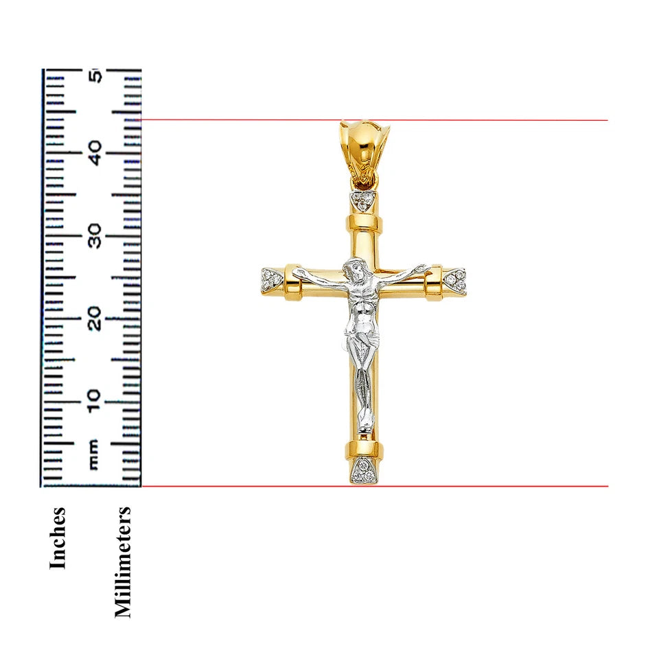 14K Two-Tone Yellow & White Gold Religious Cubic Zirconia Crucifix Cross Charm Pendant