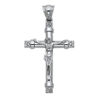 14K White Gold Cubic Zirconia Religious Crucifix Cross Pendant for Men & Women