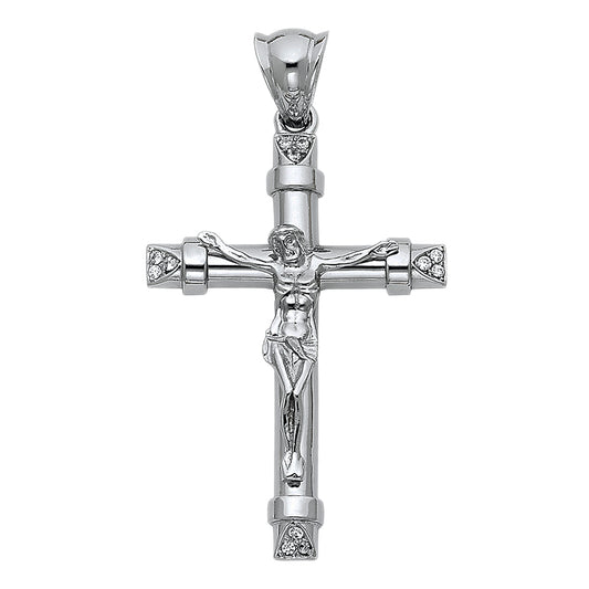 14K White Gold Cubic Zirconia Religious Crucifix Cross Pendant for Men & Women