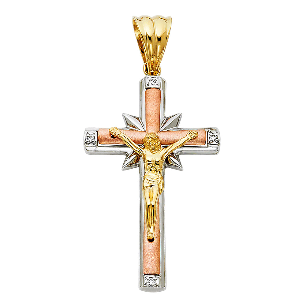 14K Tri-Color Gold Cubic Zirconia Religious Crucifix Cross Unisex Pendant
