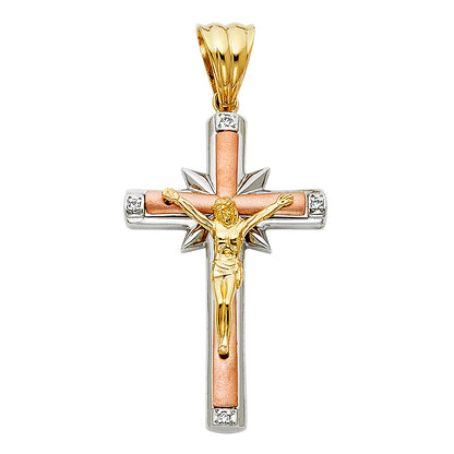 14K Tri-Color Gold Cubic Zirconia Religious Crucifix Cross Unisex Pendant