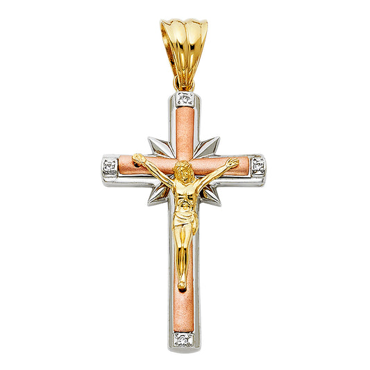 14K Tri-Color Gold Cubic Zirconia Religious Crucifix Cross Unisex Pendant