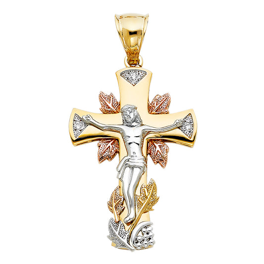 14K Tri-Color Gold Cubic Zirconia Crucifix Cross Christian Religious Pendant
