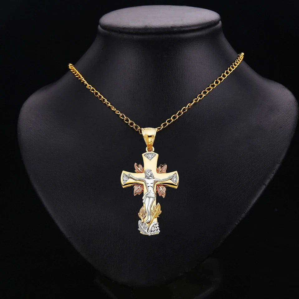14K Tri-Color Gold Cubic Zirconia Crucifix Cross Christian Religious Pendant