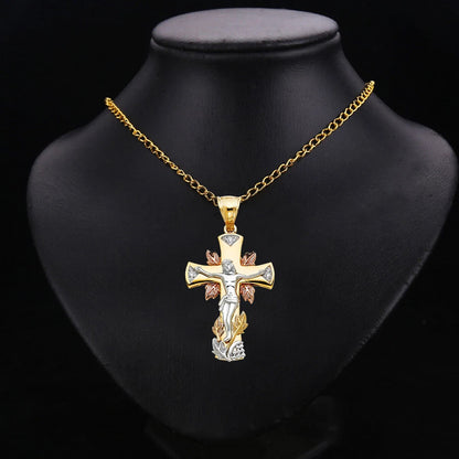 14K Tri-Color Gold Cubic Zirconia Crucifix Cross Christian Religious Pendant