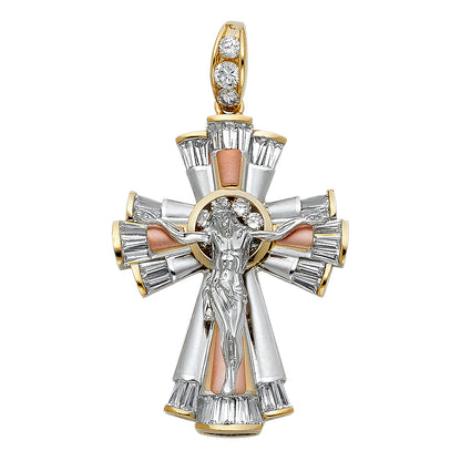 14K Tri-Color Gold CZ Catholic Crucifix Cross Pendant with Jesus Figure - 35x48mm
