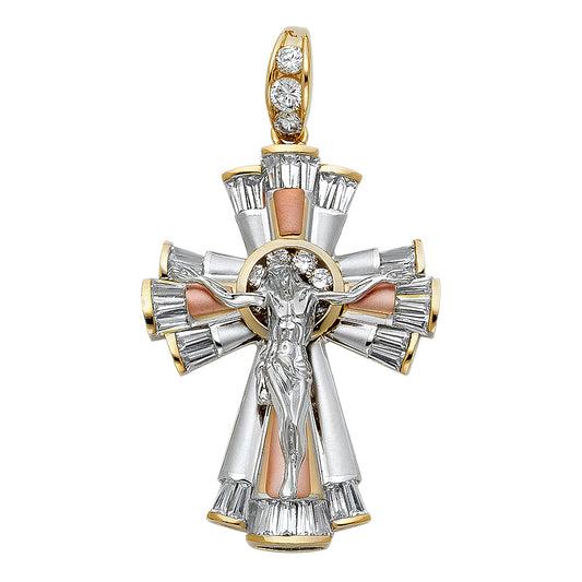 14K Tri-Color Gold CZ Catholic Crucifix Cross Pendant with Jesus Figure - 35x48mm