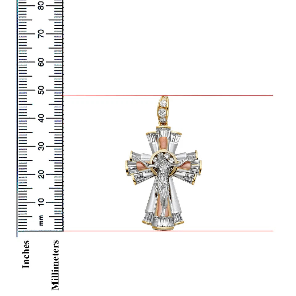 14K Tri-Color Gold CZ Catholic Crucifix Cross Pendant with Jesus Figure - 35x48mm