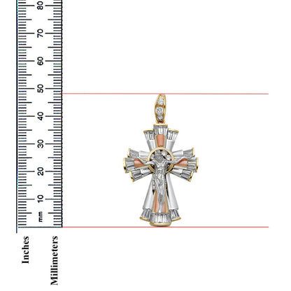 14K Tri-Color Gold CZ Catholic Crucifix Cross Pendant with Jesus Figure - 35x48mm