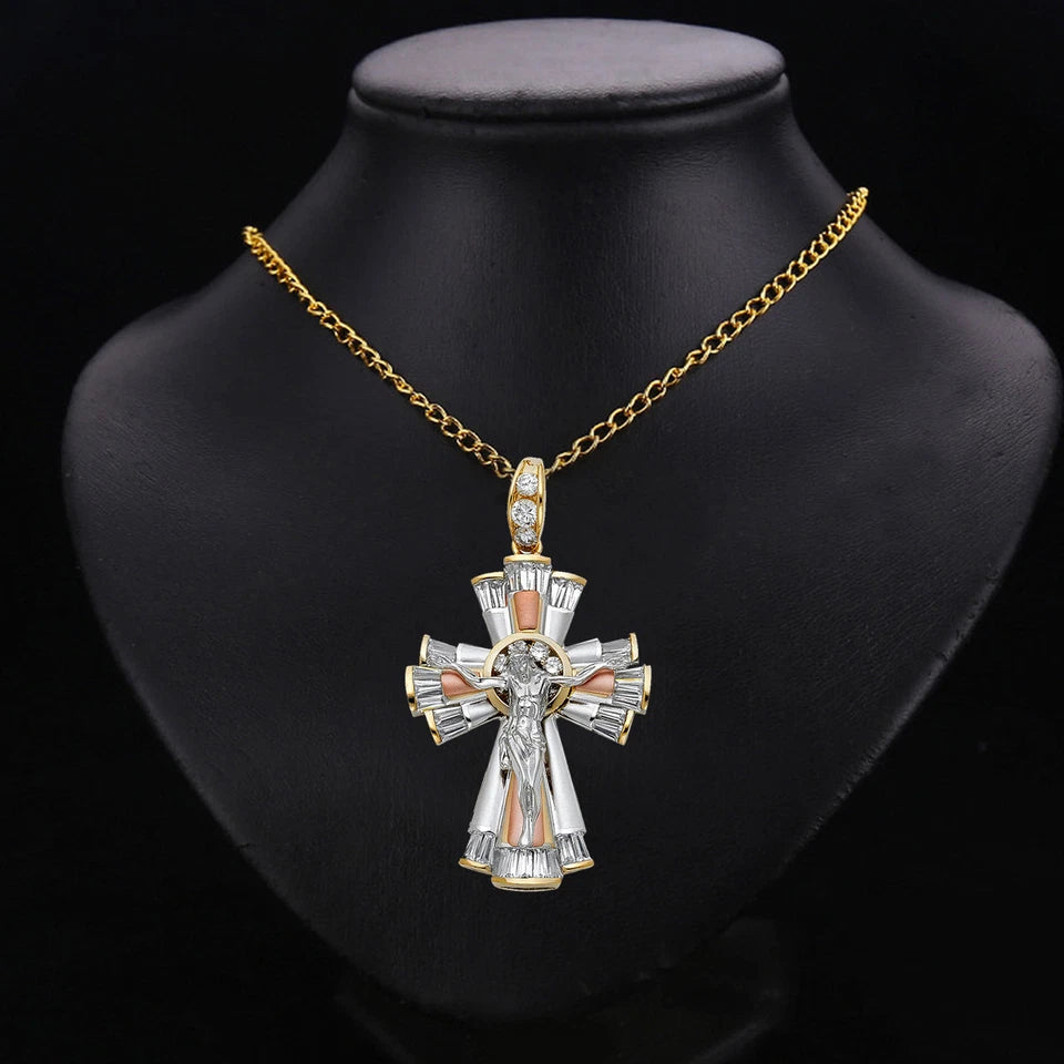 14K Tri-Color Gold CZ Catholic Crucifix Cross Pendant with Jesus Figure - 35x48mm