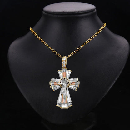 14K Tri-Color Gold CZ Catholic Crucifix Cross Pendant with Jesus Figure - 35x48mm