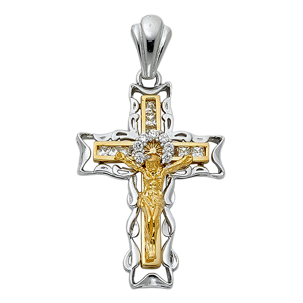 14K Two-Tone Yellow & White Gold Cubic Zirconia Catholic Crucifix Cross Pendant