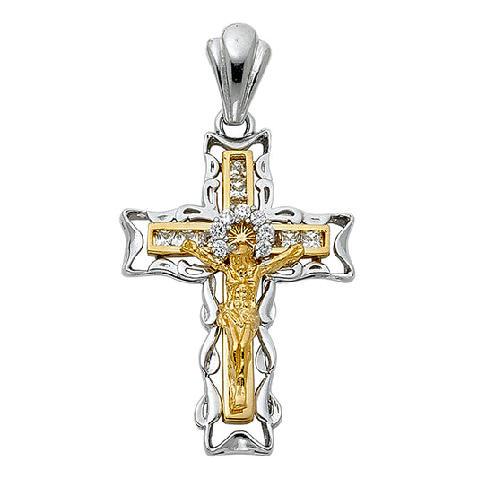 14K Two-Tone Yellow & White Gold Cubic Zirconia Catholic Crucifix Cross Pendant