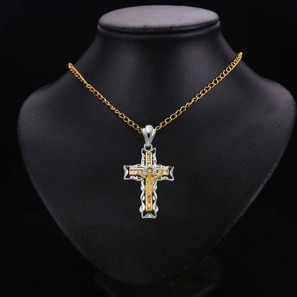14K Two-Tone Yellow & White Gold Cubic Zirconia Catholic Crucifix Cross Pendant