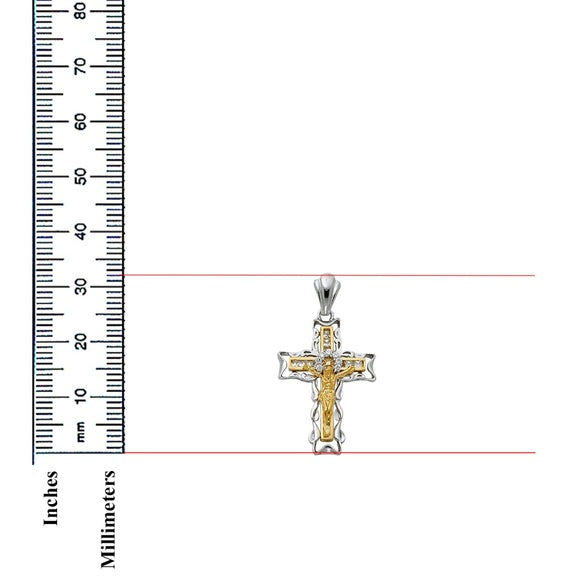 14K Two-Tone Yellow & White Gold Cubic Zirconia Catholic Crucifix Cross Pendant