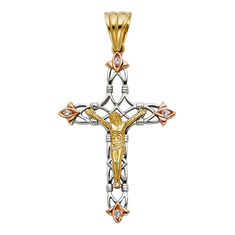 14K Tri-Color Gold Unisex Cubic Zirconia Religious Crucifix Cross Religious Pendant