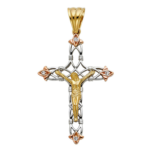 14K Tri-Color Gold Unisex Cubic Zirconia Religious Crucifix Cross Religious Pendant