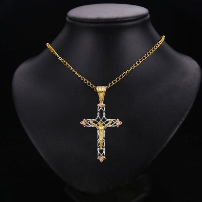 14K Tri-Color Gold Unisex Cubic Zirconia Religious Crucifix Cross Religious Pendant