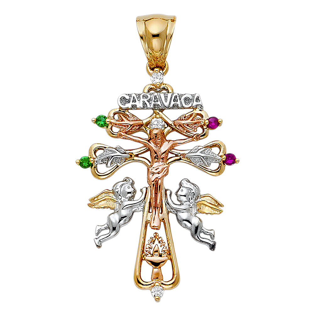 14K Tri-Color Gold Cubic Zirconia Christian Cross of Caravaca Pendant