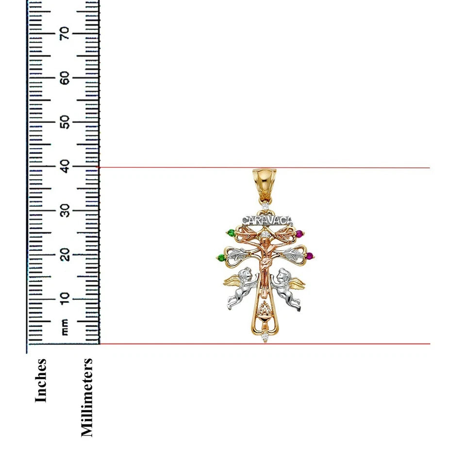 14K Tri-Color Gold Cubic Zirconia Christian Cross of Caravaca Pendant