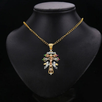 14K Tri-Color Gold Cubic Zirconia Christian Cross of Caravaca Pendant