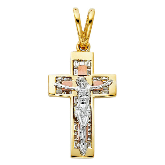 14K Tri-Color Gold Cubic Zirconia Catholic Crucifix Cross Religious Pendant for Necklace or Chain