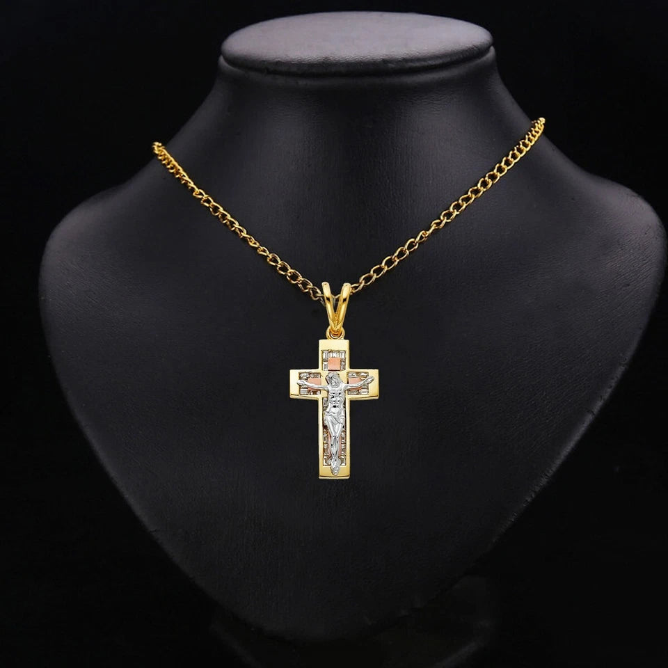 14K Tri-Color Gold Cubic Zirconia Catholic Crucifix Cross Religious Pendant
