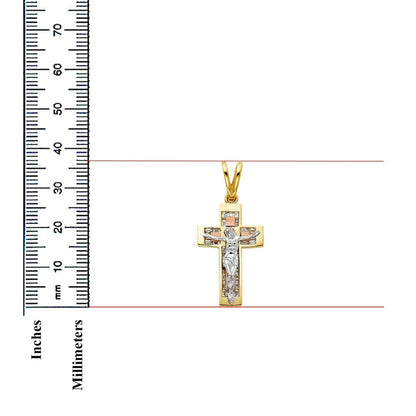 14K Tri-Color Gold Cubic Zirconia Catholic Crucifix Cross Religious Pendant
