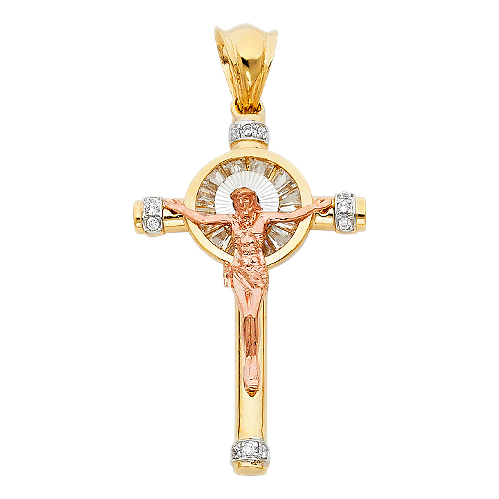 14K Tri-Color Gold Unisex Cubic Zirconia Crucifix Cross Religious Pendant