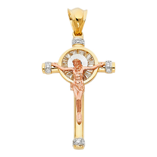 14K Tri-Color Gold Unisex Cubic Zirconia Crucifix Cross Religious Pendant