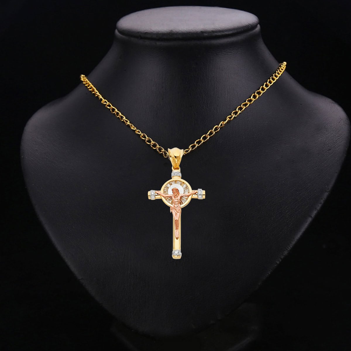 14K Tri-Color Gold Unisex Cubic Zirconia Crucifix Cross Religious Pendant