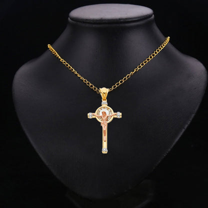 14K Tri-Color Gold Unisex Cubic Zirconia Crucifix Cross Religious Pendant