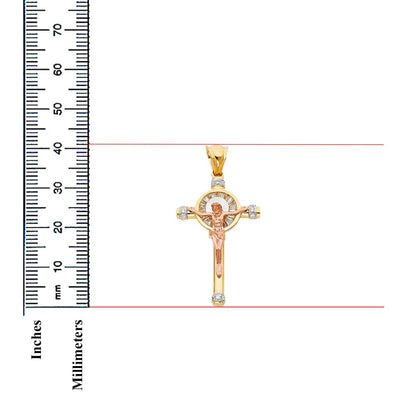 14K Tri-Color Gold Unisex Cubic Zirconia Crucifix Cross Religious Pendant