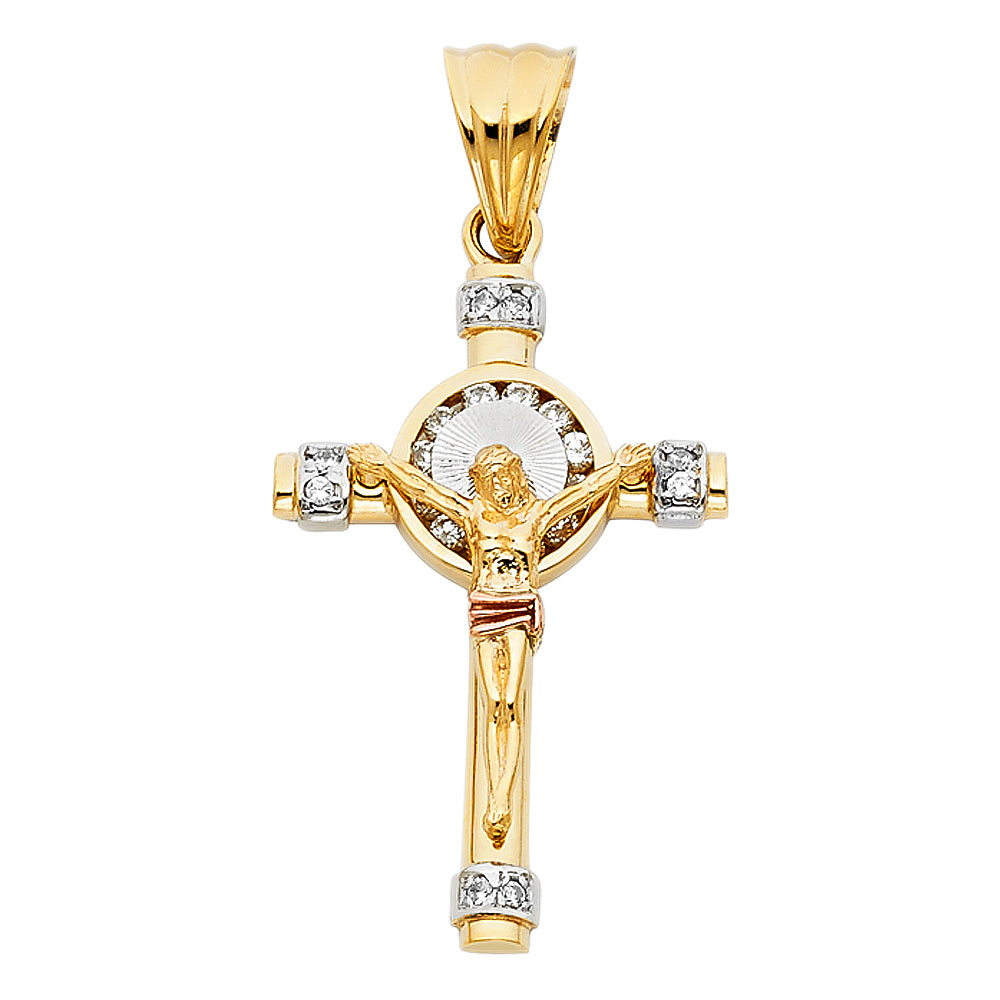 14K Tri-Color Gold Cubic Zirconia Crucifix Cross Charm Pendant for Necklace or Chain