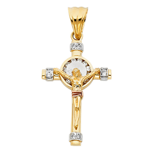 14K Tri-Color Gold Cubic Zirconia Crucifix Cross Charm Pendant for Necklace or Chain