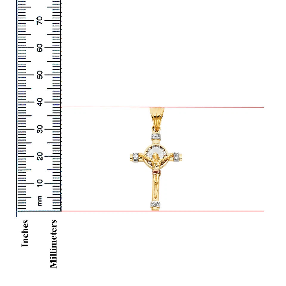 14K Tri-Color Gold Cubic Zirconia Crucifix Cross Charm Pendant for Necklace or Chain