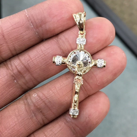 14K Tri-Color Gold Cubic Zirconia Crucifix Cross Charm Pendant for Necklace or Chain