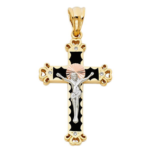 14K Tri-Color Gold Unisex Cubic Zirconia Religious Crucifix Cross Pendant