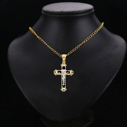 14K Tri-Color Gold Unisex Cubic Zirconia Religious Crucifix Cross Pendant