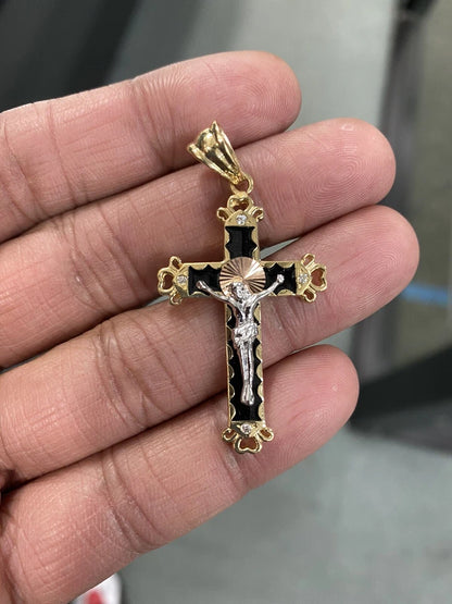 14K Tri-Color Gold Unisex Cubic Zirconia Religious Crucifix Cross Pendant