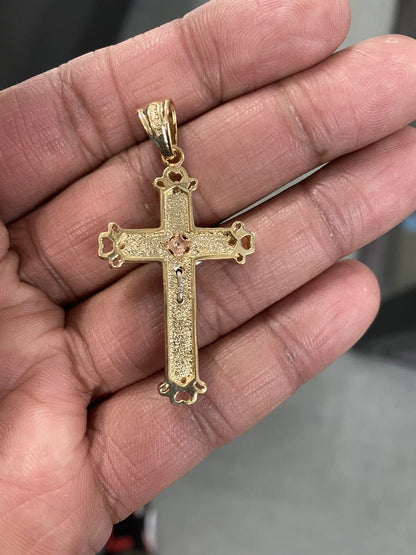 14K Tri-Color Gold Unisex Cubic Zirconia Religious Crucifix Cross Pendant