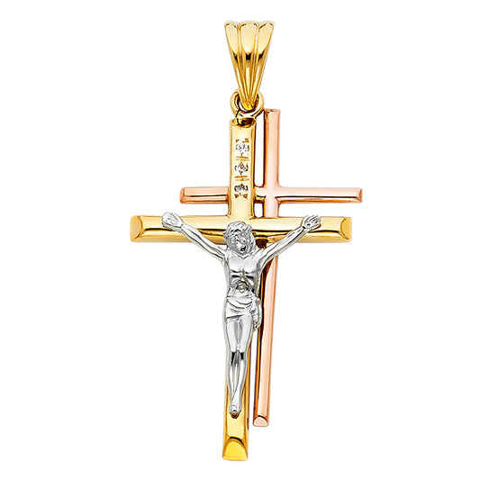 Tri-color gold cross pendant with a figure on a white background